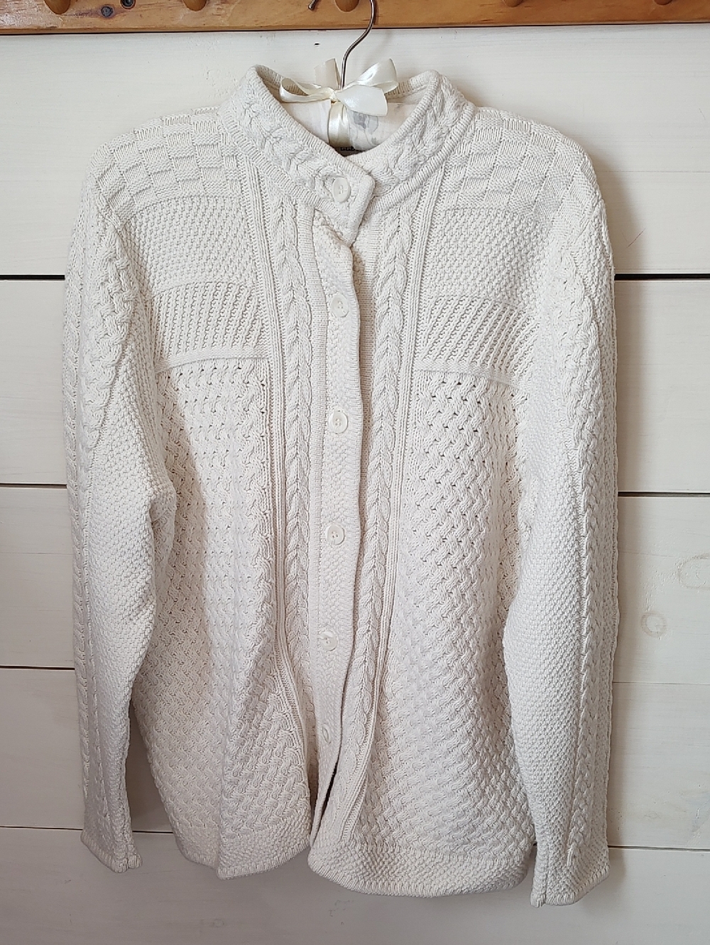 L.L. Bean Cream Cable-Knit Button Cardigan